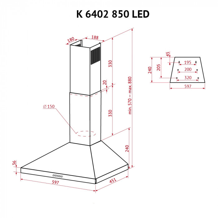 Витяжка купольна PERFELLI K 6402 SG 850 LED