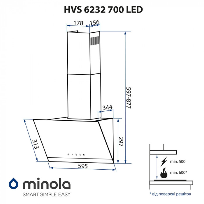 Витяжка декоративна похила MINOLA HVS 6232 BL/INOX 700 LED