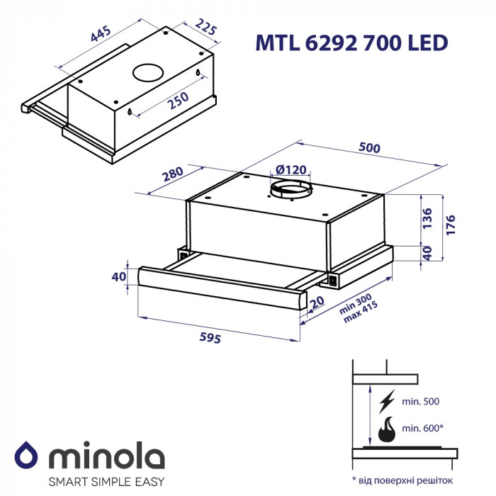 Витяжка телескопічна MINOLA MTL 6292 GR 700 LED