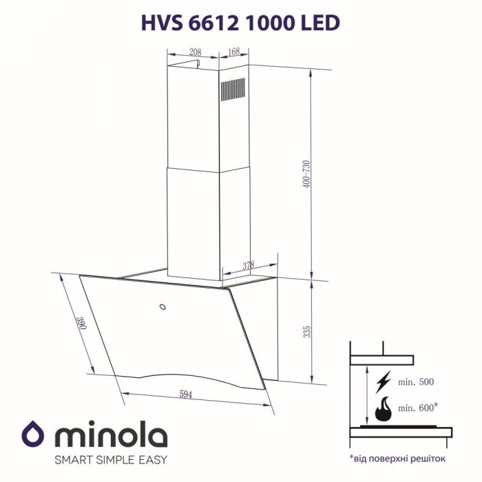 Витяжка декоративна похила MINOLA HVS 6612 WH 1000 LED
