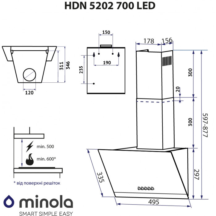 Витяжка декоративна похила MINOLA HDN 5202 BL/INOX 700 LED