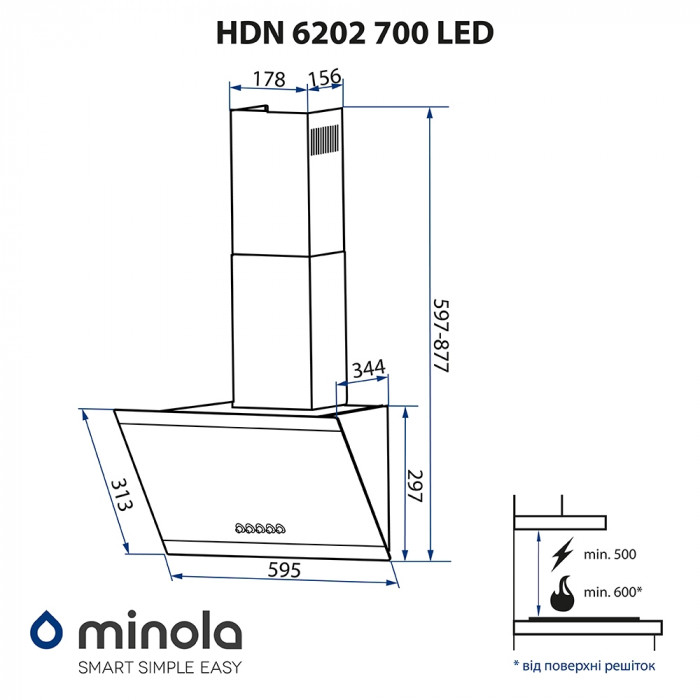 Витяжка декоративна похила MINOLA HDN 6202 BL/INOX 700 LED