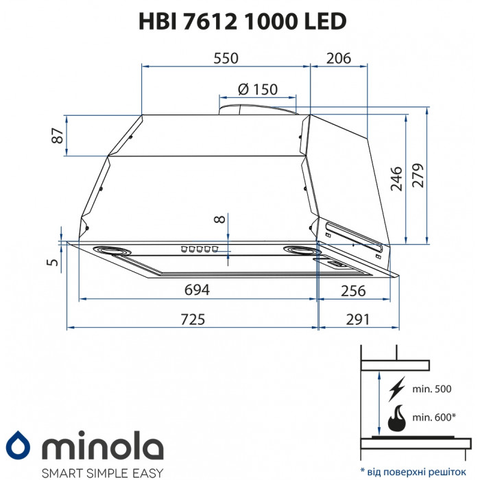Витяжка повновбудована MINOLA HBI 7612 BL 1000 LED