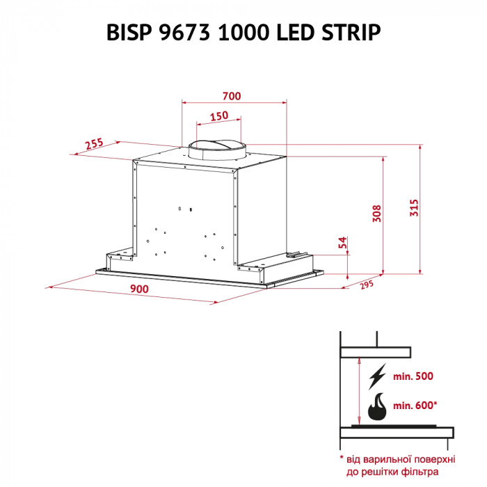 Витяжка повновбудована PERFELLI BISP 9673 WH 1000 LED Strip
