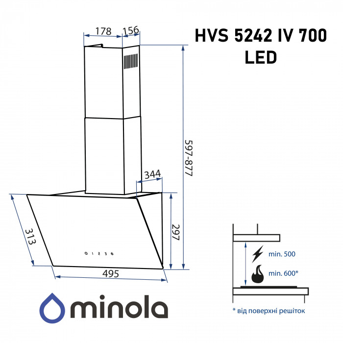 Витяжка декоративна похила MINOLA HVS 5242 IV 700 LED