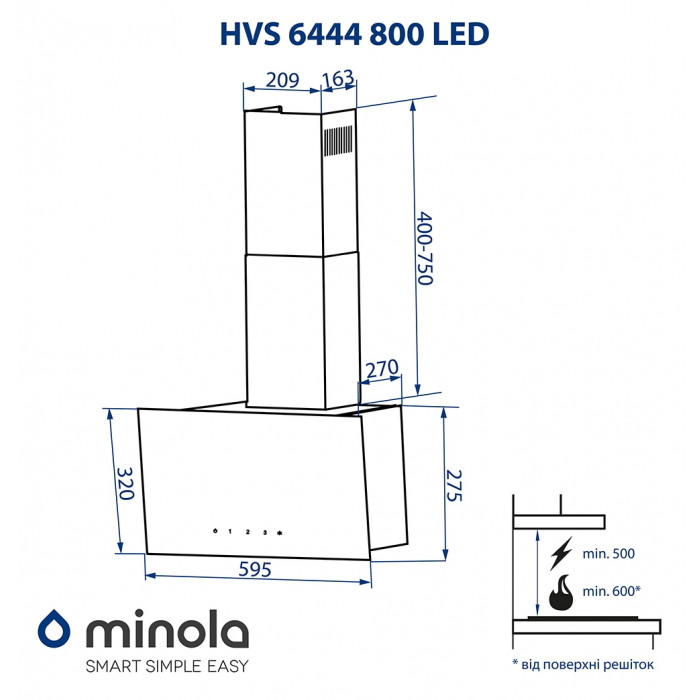 Витяжка декоративна похила MINOLA HVS 6444 BL 800 LED