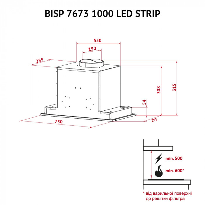 Витяжка повновбудована PERFELLI BISP 7673 BL 1000 LED Strip