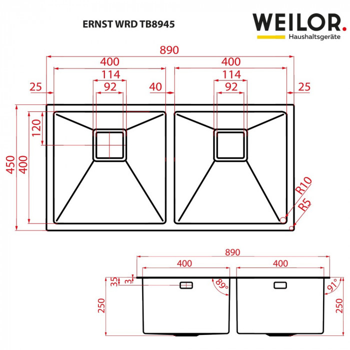 Мийка кухонна нержавіюча сталь WEILOR ERNST WRD TB8945