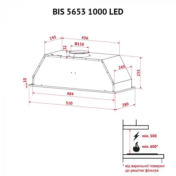 Витяжка повновбудована PERFELLI BIS 5653 BL 1000 LED