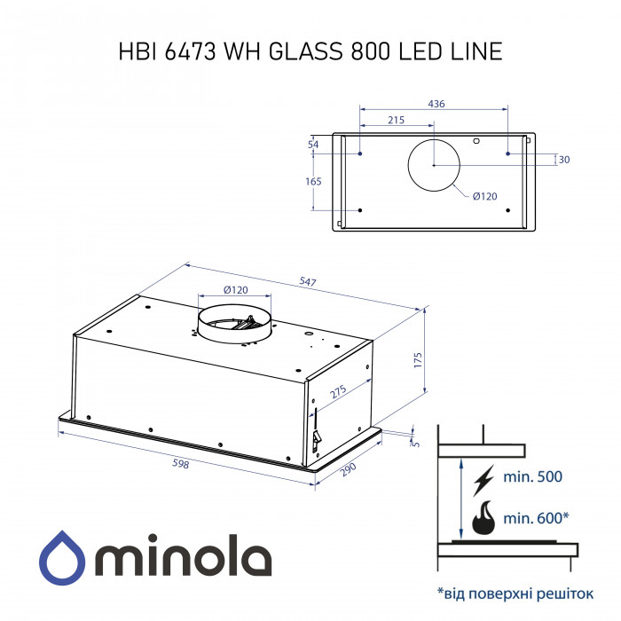 Витяжка повновбудована MINOLA HBI 6473 WH GLASS 800 LED Line