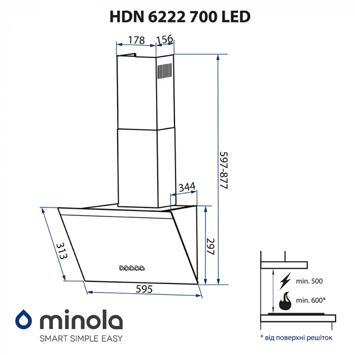 Витяжка декоративна похила MINOLA HDN 6222 BL/INOX 700 LED