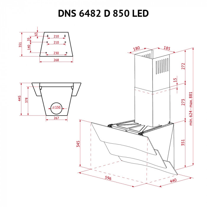 Витяжка декоративна похила PERFELLI DNS 6482 D 850 WH LED