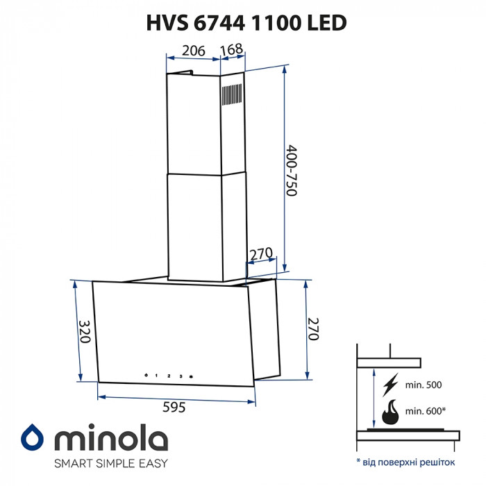 Витяжка декоративна похила MINOLA HVS 6744 WH 1100 LED