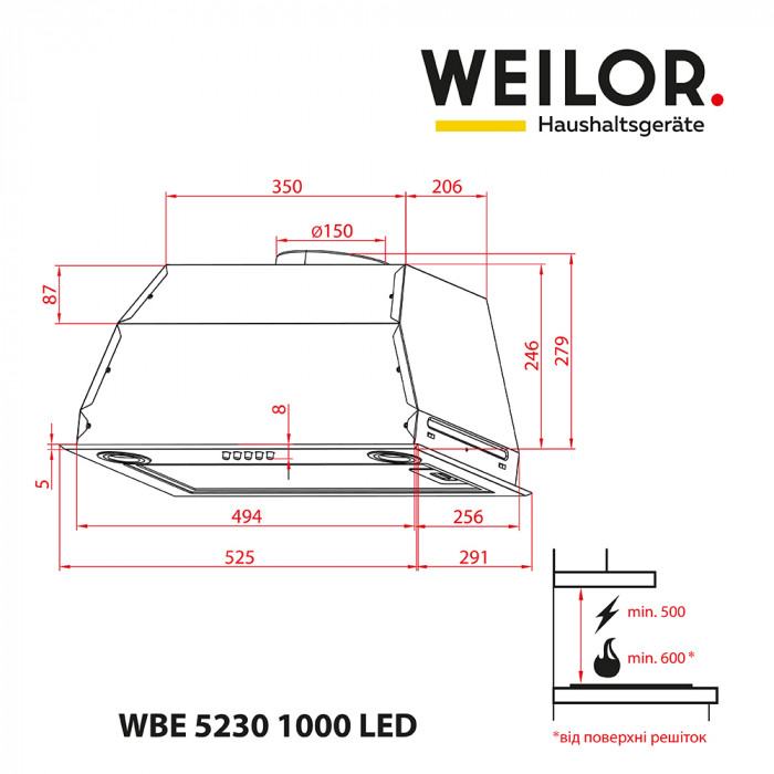 Витяжка повновбудована WEILOR WBE 5230 BL 1000 LED