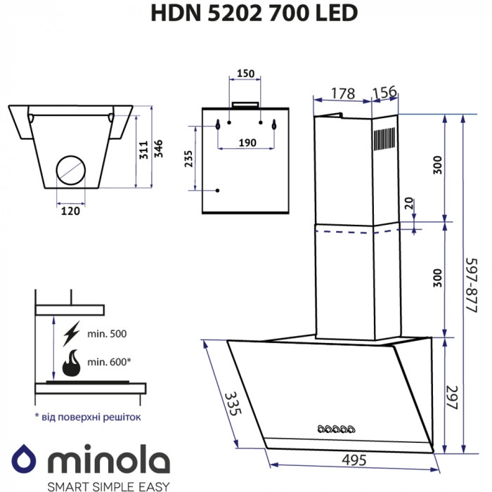 Витяжка декоративна похила MINOLA HDN 5202 WH/INOX 700 LED