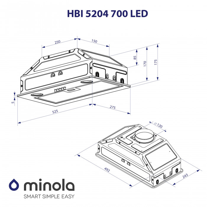 Витяжка повновбудована MINOLA HBI 5204 GR 700 LED