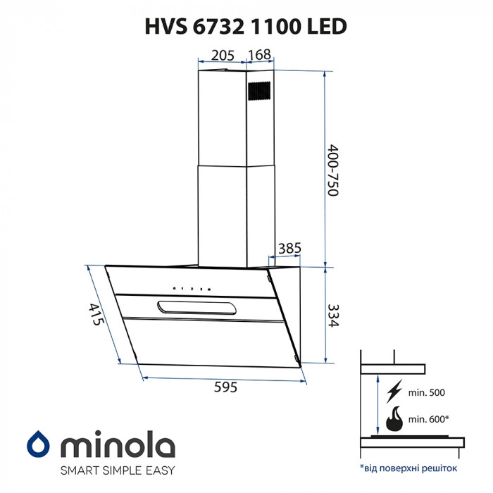 Витяжка декоративна похила MINOLA HVS 6732 BL 1100 LED