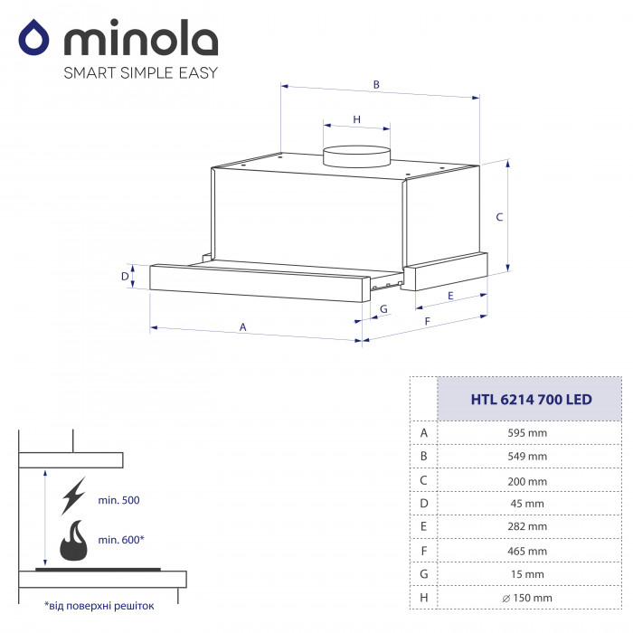 Витяжка телескопічна MINOLA HTL 6214 WH 700 LED