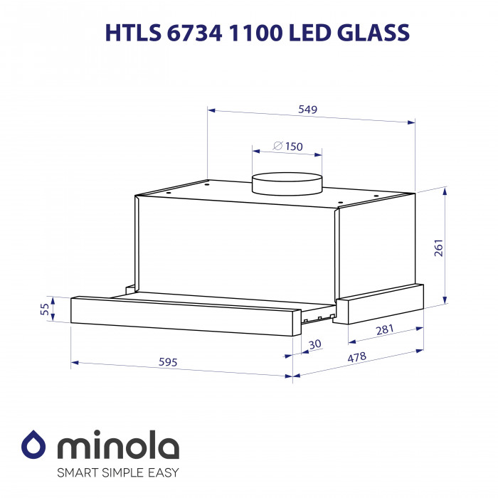 Витяжка телескопічна MINOLA HTLS 6734 BL 1100 LED GLASS