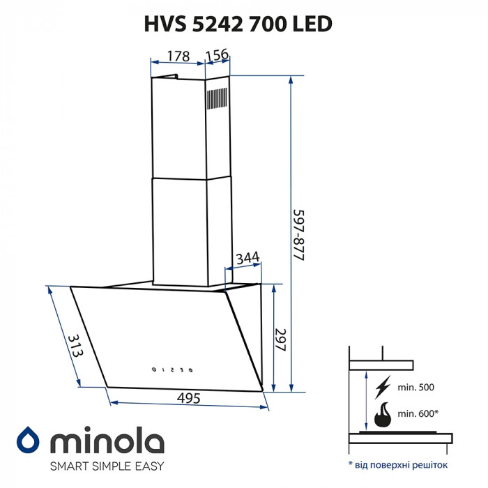 Витяжка декоративна похила MINOLA HVS 5242 WH 700 LED