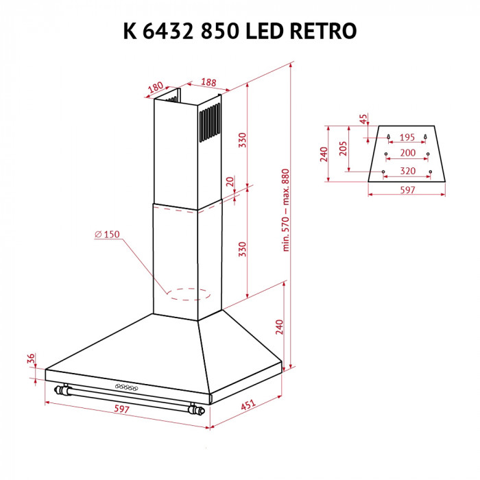 Витяжка купольна PERFELLI K 6432 WH 850 LED RETRO