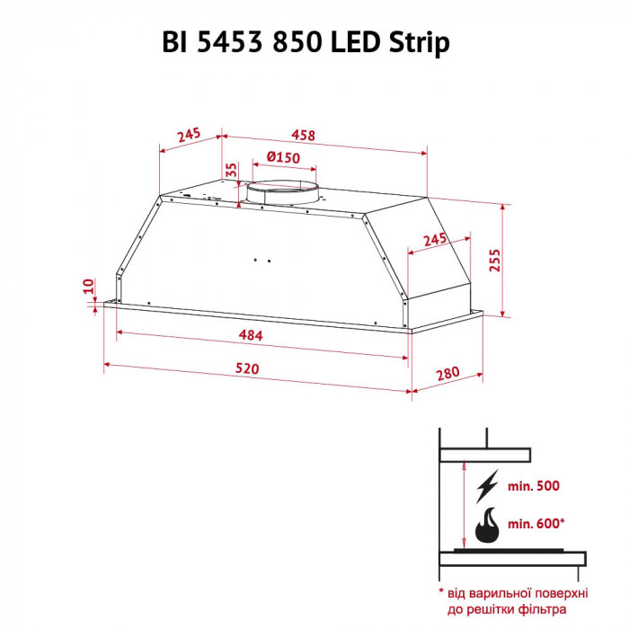 Витяжка повновбудована PERFELLI BI 5453 WH 850 LED Strip