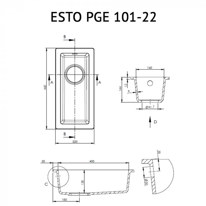 Мийка кухонна гранітна PERFELLI ESTO PGE 101-22 BLACK METALLIC
