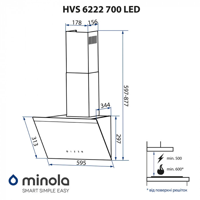 Витяжка декоративна похила MINOLA HVS 6222 BL/INOX 700 LED